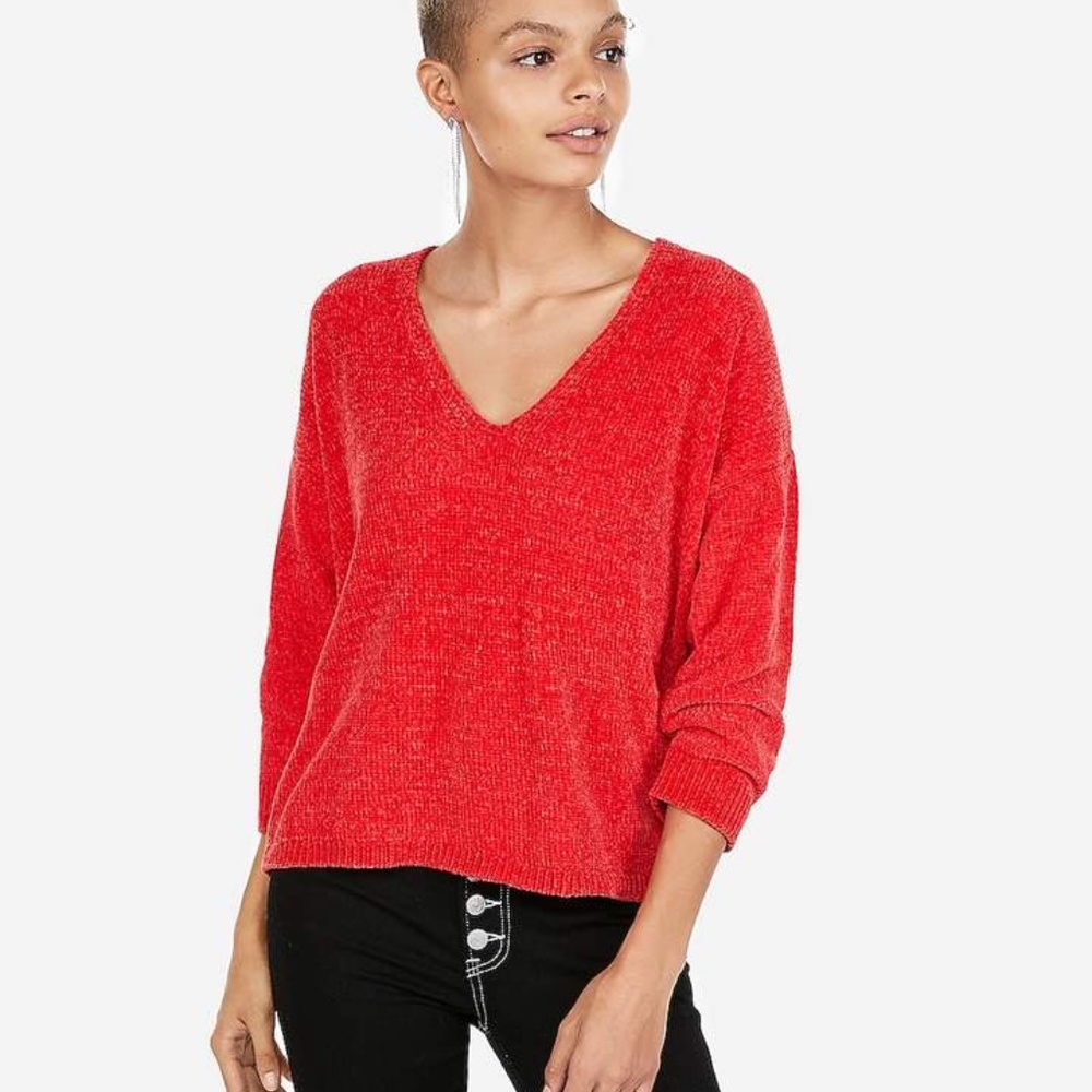 Express V-Neck Velvet Chenille Sweater